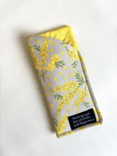 ハンドメイド　メガネケース　ミモザ　薄グレー