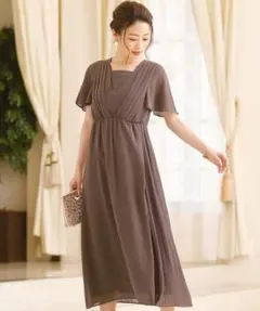 【PourVous 】ドレス 袖あり＆ミモレ丈ワンピースドレスアシンメトリー大き