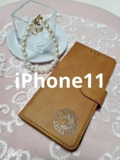 iPhone11 手帳型スマホケース　レザー　キャメル　シンプル　柴犬　犬