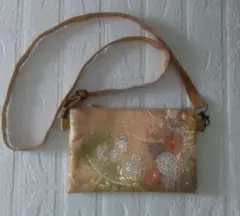 帯リメイク2wayバッグ　スマホショルダーorポーチ　オレンジ系　蝶、花柄　正絹