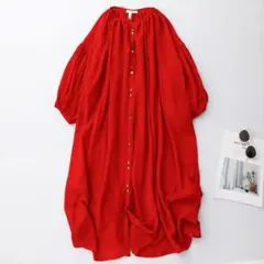 無地のワンピース レッド 着心地いい 柔らかくて パフスリーブ ブラウス