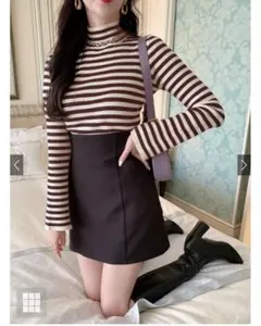 GRL ボーダー柄フレアスリーブリブニットトップス[k9086b] ブラウン