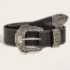 メンズ ベルト クロコダイル ブラック ウエスタン シルバー レトロ 黒