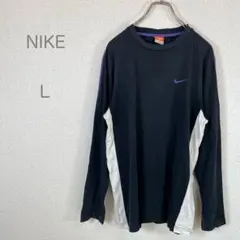 ナイキ/長袖/ロンT/L/黒/紫ライン/刺繍ロゴ/スポーツ/カジュアル/綿100