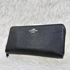 極美品 コーチ 長財布 レザー ロゴ金具 ラウンドファスナー ブラック