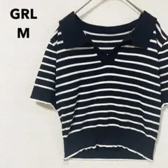 ニット ポロシャツ ボーダー 半袖 襟付き Vネック 黒 ショート丈