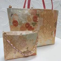 袋帯リメイクバック　 「蒔絵」鮮やか刺繍 ミニバック2点セット