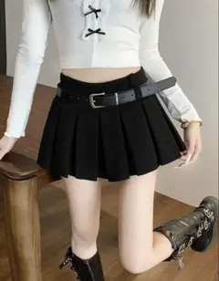ハイウエスト プリーツミニスカート ブラック ベルト付き