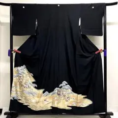 黒留袖　金駒刺繍　五つ紋　御所車　身丈161　裄66　正絹　着物　034tzのサムネイル