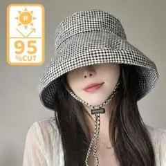 【在庫限りセール！】 千鳥格子 UVカット バケットハット あご紐付折りたたみ可のサムネイル