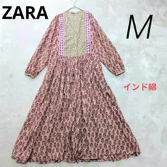ZARA エスニック 総柄 ロングワンピース ピンク M 刺繍レース インド綿