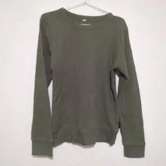 オリーブグリーン ワッフル編み 長袖カットソー