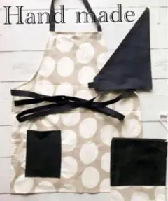 ハンドメイド 子供エプロン&三角巾&巾着3点水玉ベージュ黒150