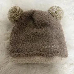 ブラウン ベビー帽子 ポンポン付き