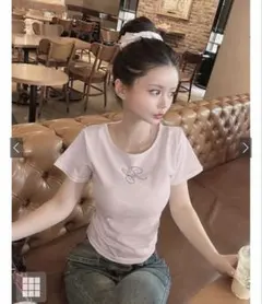 ラインストーンロゴ 半袖Tシャツ ピンク