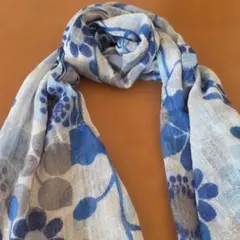 春✨青系　大判✨花柄ストール フリンジ付き