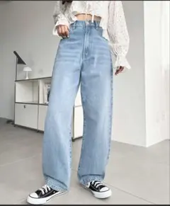 moment+ デニム＆ツイルストレートパンツ L サックスブルー