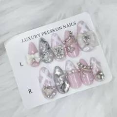 ♡量産型 フレンチガーリー チェック柄　リボン　ピンク ネイルチップ 現品 ♡