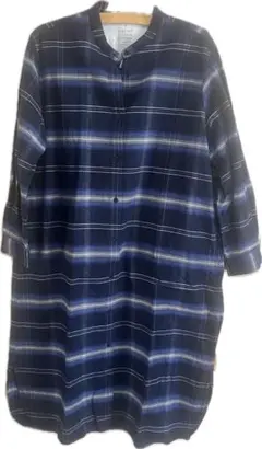 無印良品 両面起毛フランネルスタンドカラーシャツワンピース XLネイビーチェック