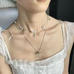 豪華 多層パール クロスモチーフ ロングネックレス レイヤード - メルカリ