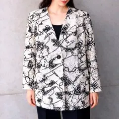 80s 日本製 総レースジャケット モノトーン アート柄 L