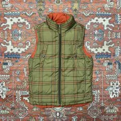 【古着】オリーブグリーン/オレンジ チェック柄 ダウンベスト