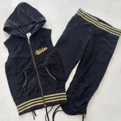 アディダス ベロア上下セット 黒×金 M相当（C181）