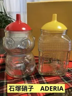 昭和レトロ　石塚硝子　ADERIA キャンディポット　家＆たぬき