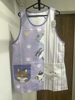 犬猫柄エプロン　パープル　保育エプロン　保育士介護士幼稚園保育園