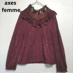 axes femme ハイネック 長袖 レース ビジュー ボルドー 花柄 バラ