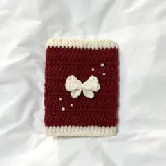 ハンドメイド　編み物　ブックカバー　文庫本サイズ　ワインレッド　リボン　かぎ針編