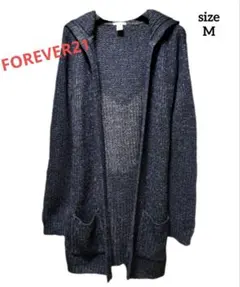 FOREVER21 フード付きカーディガン ロング丈 M ネイビー