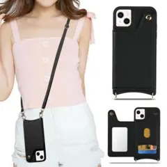 iPhone 14plus ケース 手帳型 背面収納 鏡付き ショルダー 肩掛け