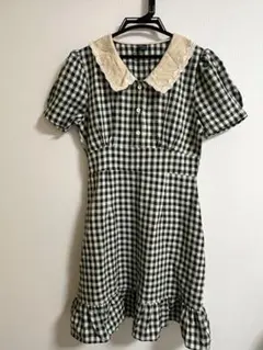 グリーン系チェック襟付きミニワンピース