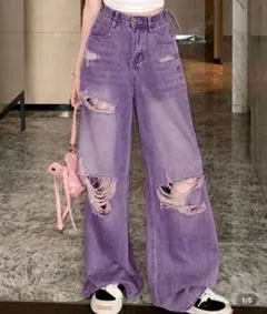 ウィメンズカジュアルルーズフィットダメージ加工ワイドレッグジーンズ ポケット付き