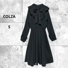 コルザ　美品　フリル襟リボンタイワンピース　フェミニン　ウエストゴム　清楚　S