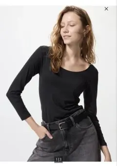 ユニクロヒートテックUネックT/8分袖L黒