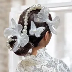 ランダムパールチェーンと蝶々とリボンの髪飾り 卒業式 成人