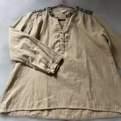 earthy living ❤️camel色クロスstitch刺繍長袖ブラウス❤️Mのサムネイル