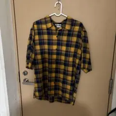 GU 半袖チェックシャツ イエロー×ネイビー M
