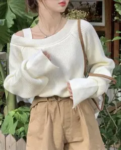 Dewlily デューリリー リブ編みオフショルダーセーターワンショルダーニット
