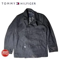 [t415]USA古着トミーヒルフィガーピーコートブラックメンズMサイズ刺繍ロゴ