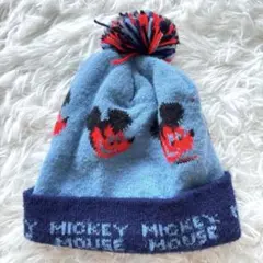 90s オールドミッキー　ポンポン付きニット帽　ビーニー　青×赤　キッズ用