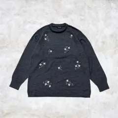 ヴィンテージ古着　花柄刺繍 ニット セーター グレー LL 刺繍ニット