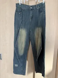 ダメージ加工 ダークブルー ストレートジーンズ