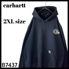 海外古着 カーハート 企業系 バックプリント パーカー フーディー 紺 2XL