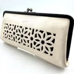 ✨希少✨genten　カットワーク　がま口　長財布　レザー　アイボリー　ブラック