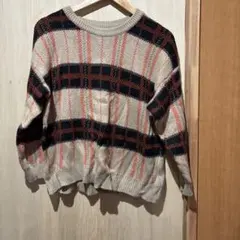 ストライプ柄 長袖ニットセーター アイボリー/ネイビー