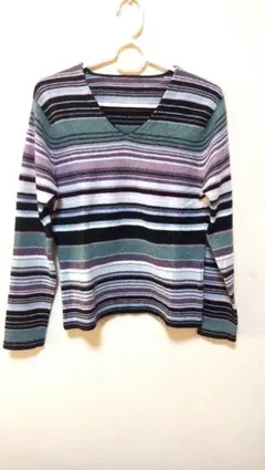 【カシミヤ】ボーダー Vネック 長袖ニット M～L