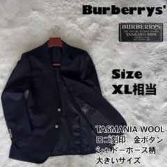 人気✨バーバリー　TASMANIA WOOL 紺ブレ　金ボタン ロゴ総柄　XL